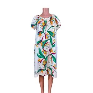 HILO HATTIE Vintage 70s White‎ Bird of Paradise Polyeste Hawaiian MuuMuu Dress M